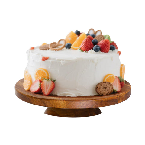 Jubilander Acacia 10-inch wooden cake stand, top view showing natural grain for elegant desserts.