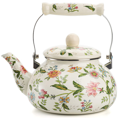 Jucoan 2.6 qt enamel teapot with green floral glaze for elegant stovetop tea service