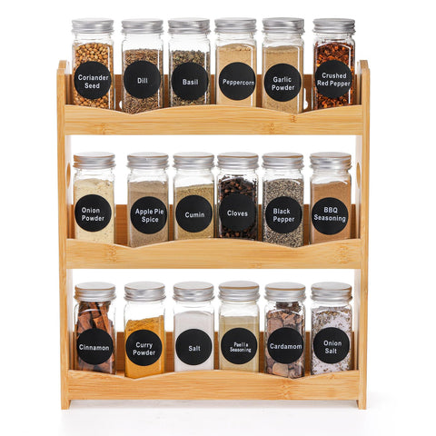 Jucoan 3 tier bamboo spice rack on countertop showing organized jars and natural finish