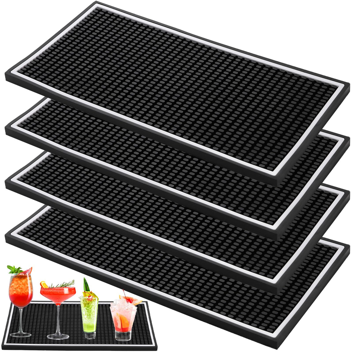 Jucoan four-pack bar mats showing non-slip spill protection on a counter.