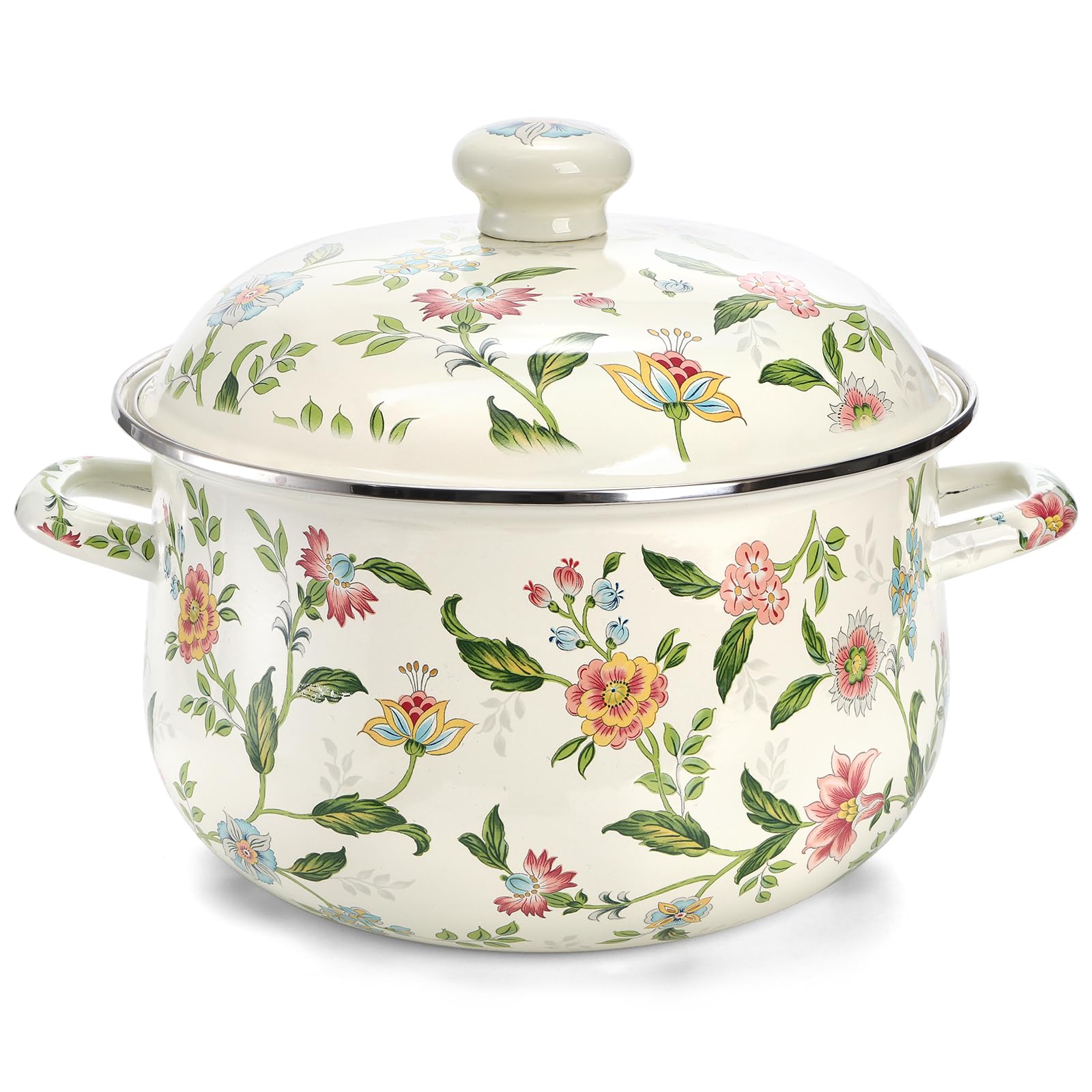 Jucoan 5-quart enamel stockpot with lid and green floral pattern for elegant cooking