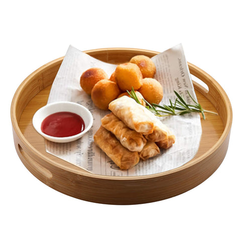 Jucoan bamboo serving tray with handles close-up for easy carrying and grip.