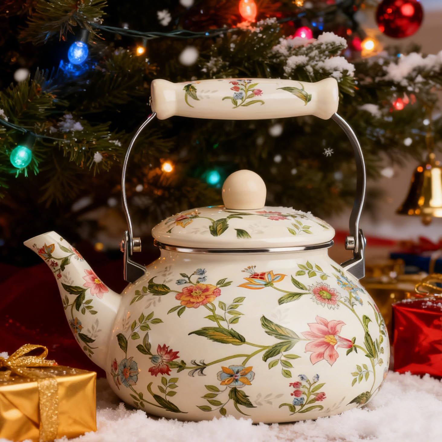 Jucoan green floral enamel kettle enhances kitchen decor and style