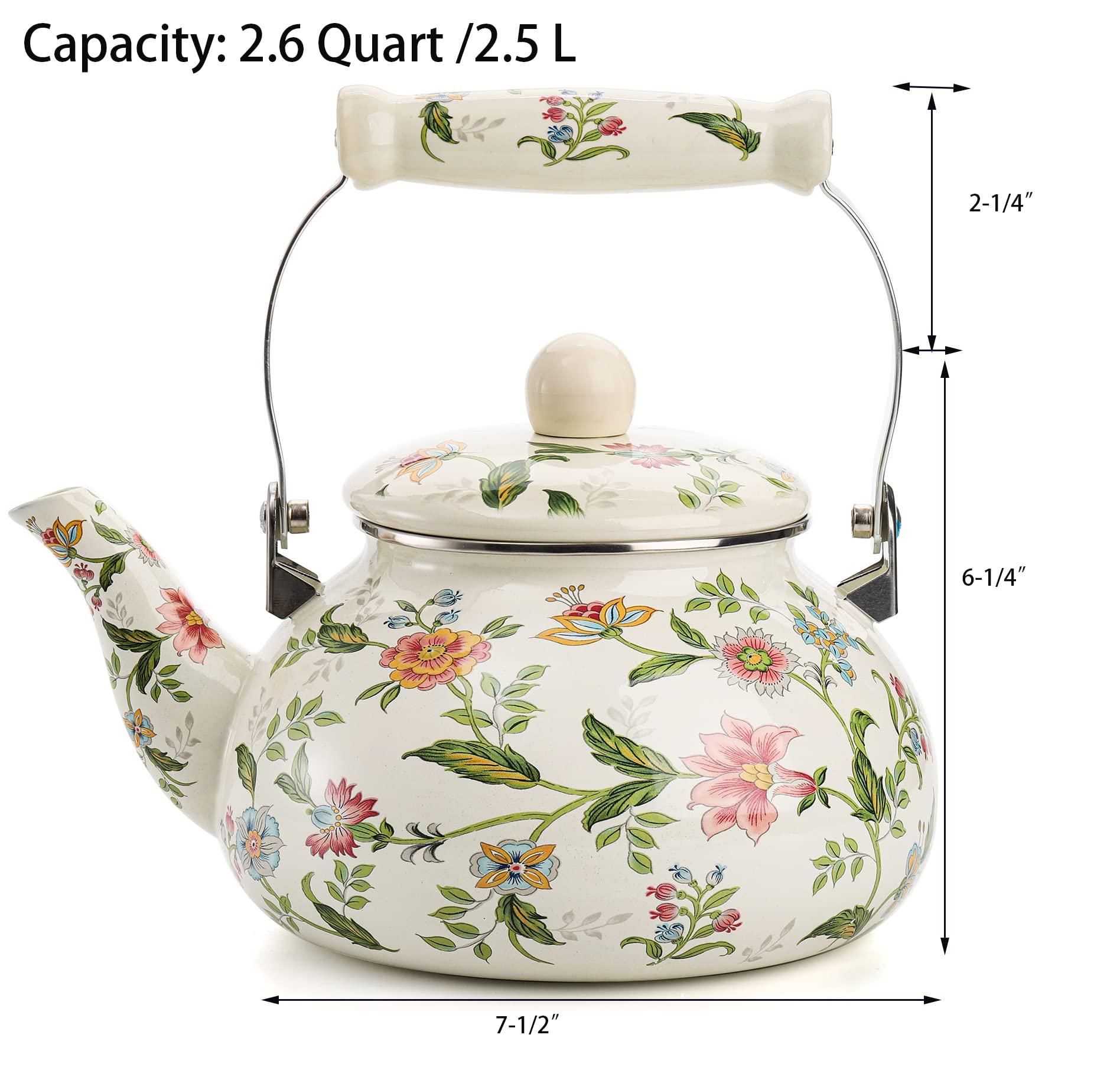 Jucoan tea kettle on stove with green floral pattern for easy pouring