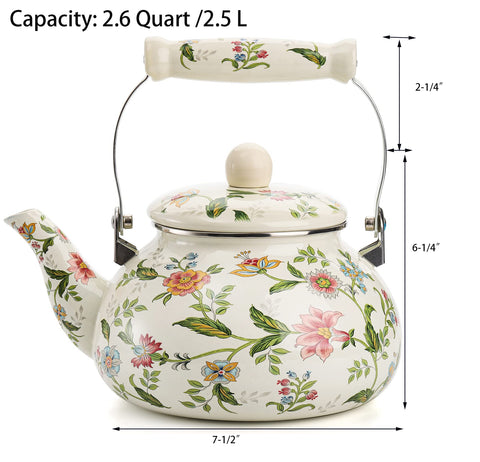 Jucoan tea kettle on stove with green floral pattern for easy pouring