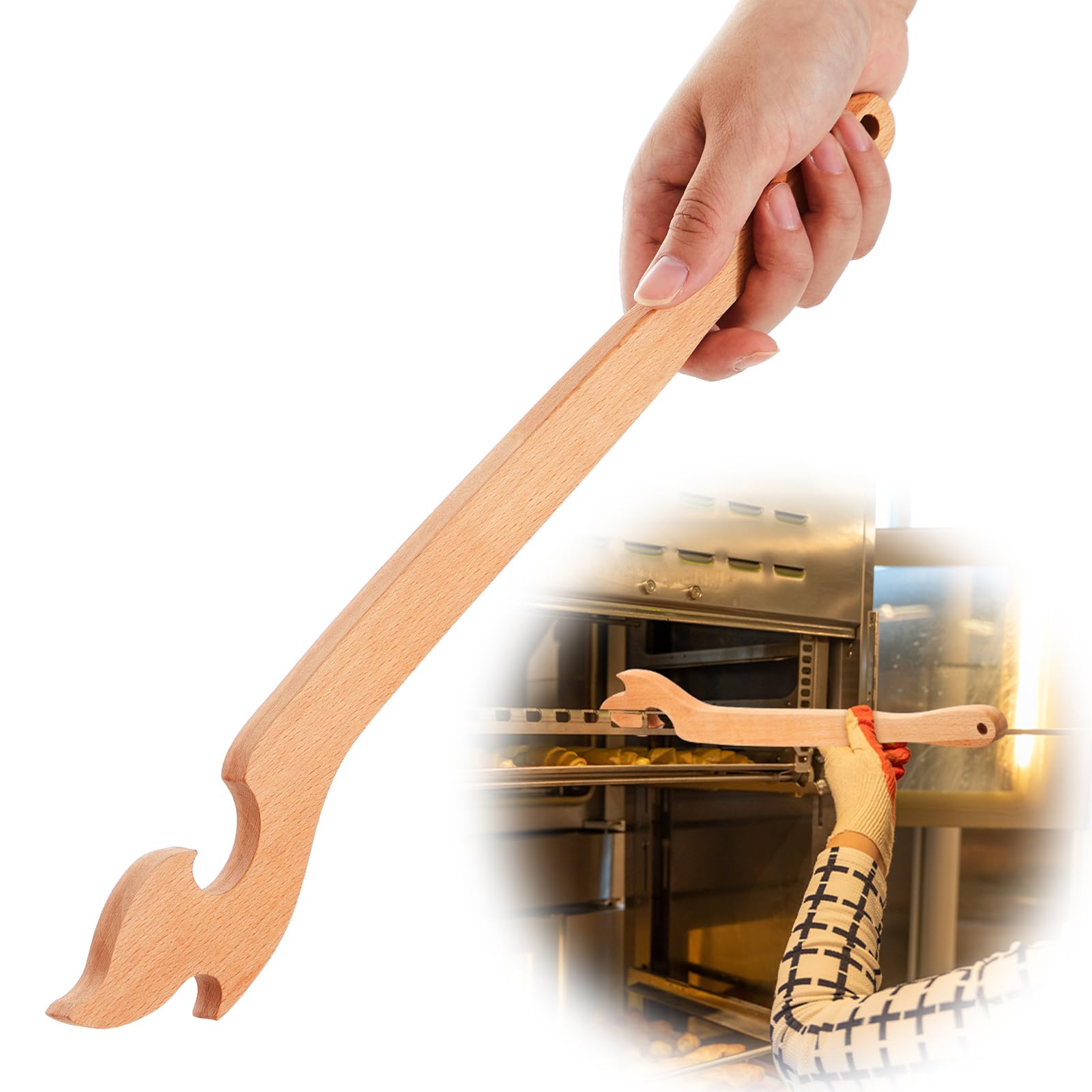 Juexica 15-inch wood oven rack puller with a long handle for safer rack handling.