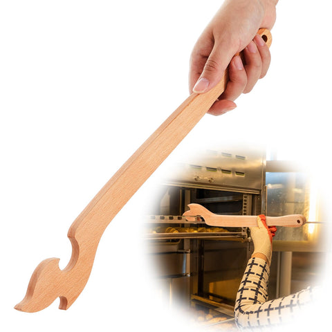 Juexica 15-inch wood oven rack puller with a long handle for safer rack handling.
