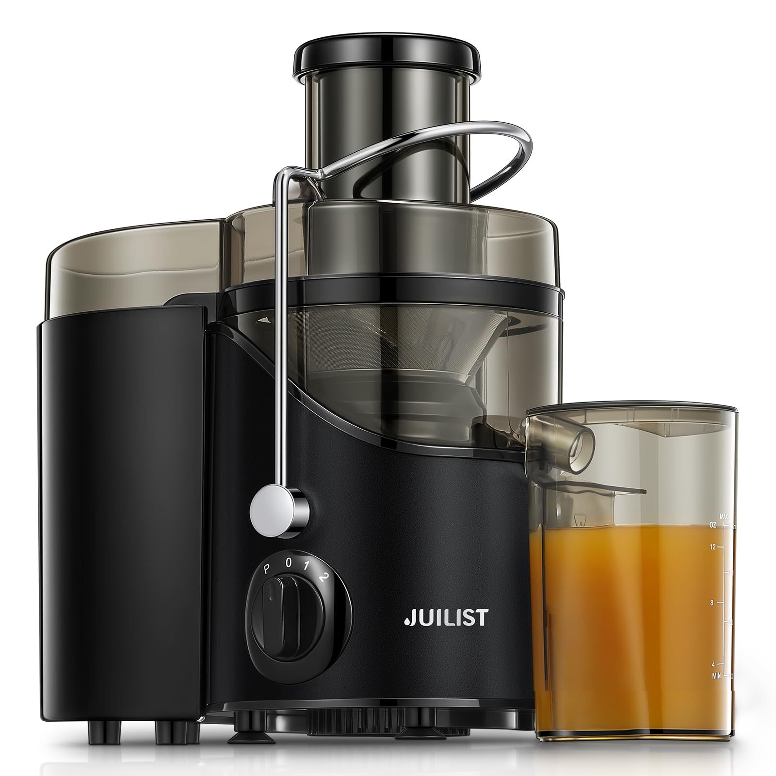 Juilist juicer showing a 3-inch wide mouth ready to feed whole fruits.