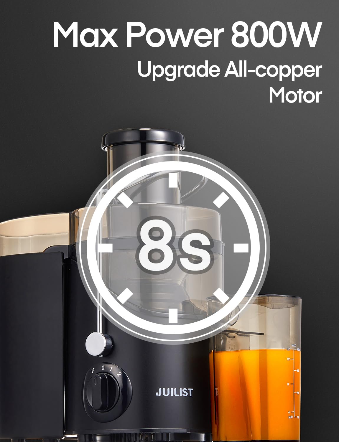 Juilist juicer with three-speed controls for soft and hard produce.
