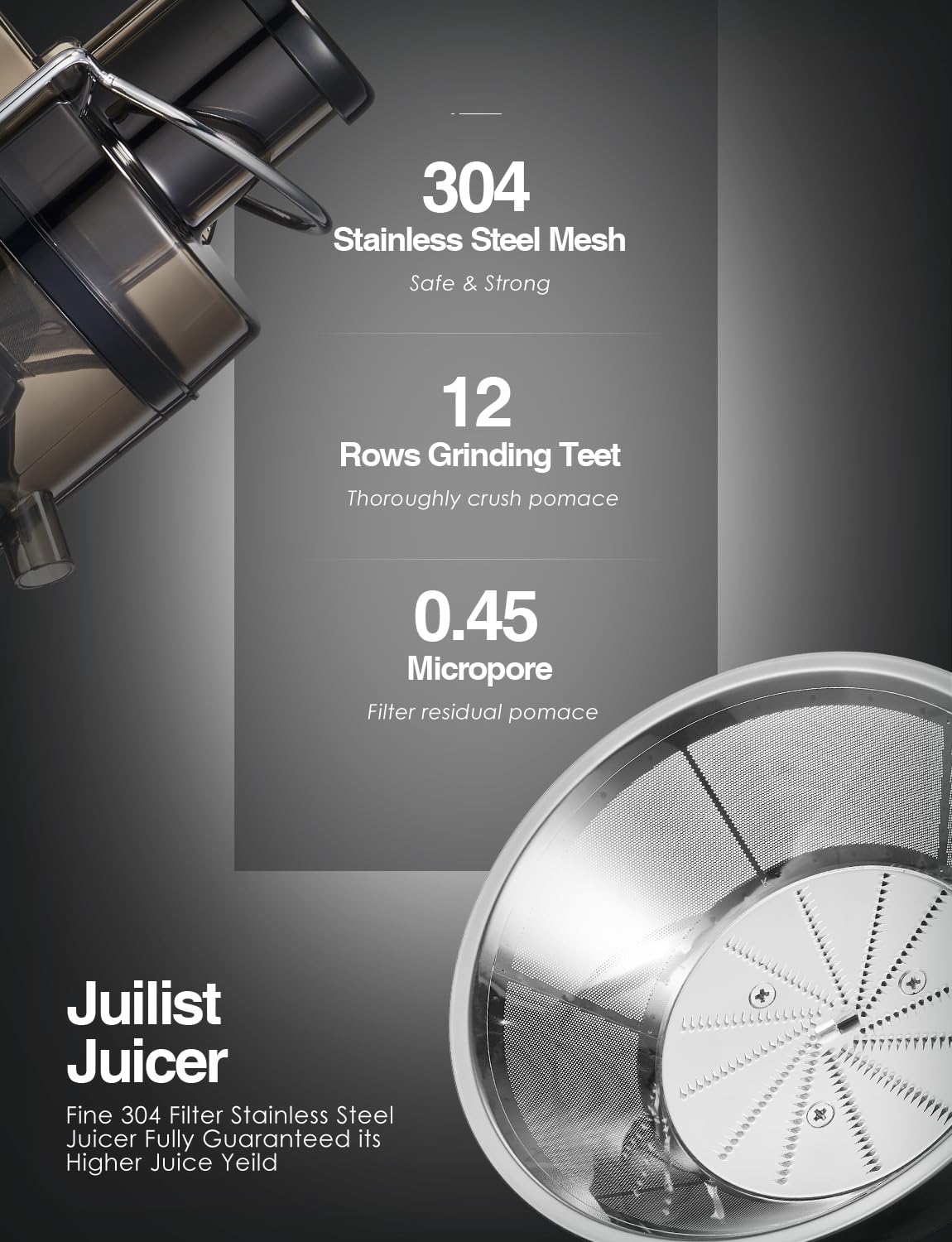 Compact Juilist juicer design fits neatly on a kitchen counter.