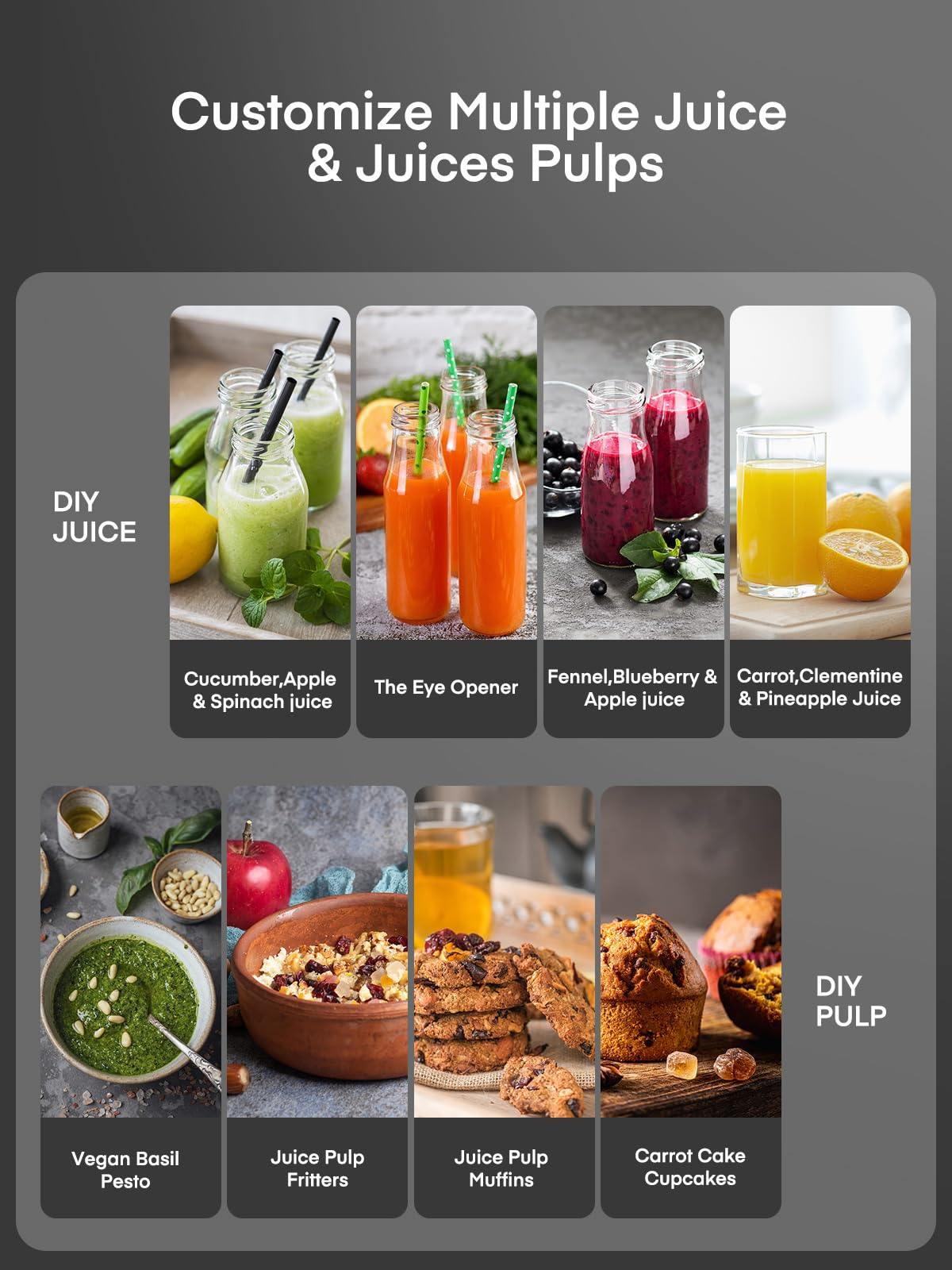 Dishwasher-safe accessories included with the Juilist juicer for cleanup ease.