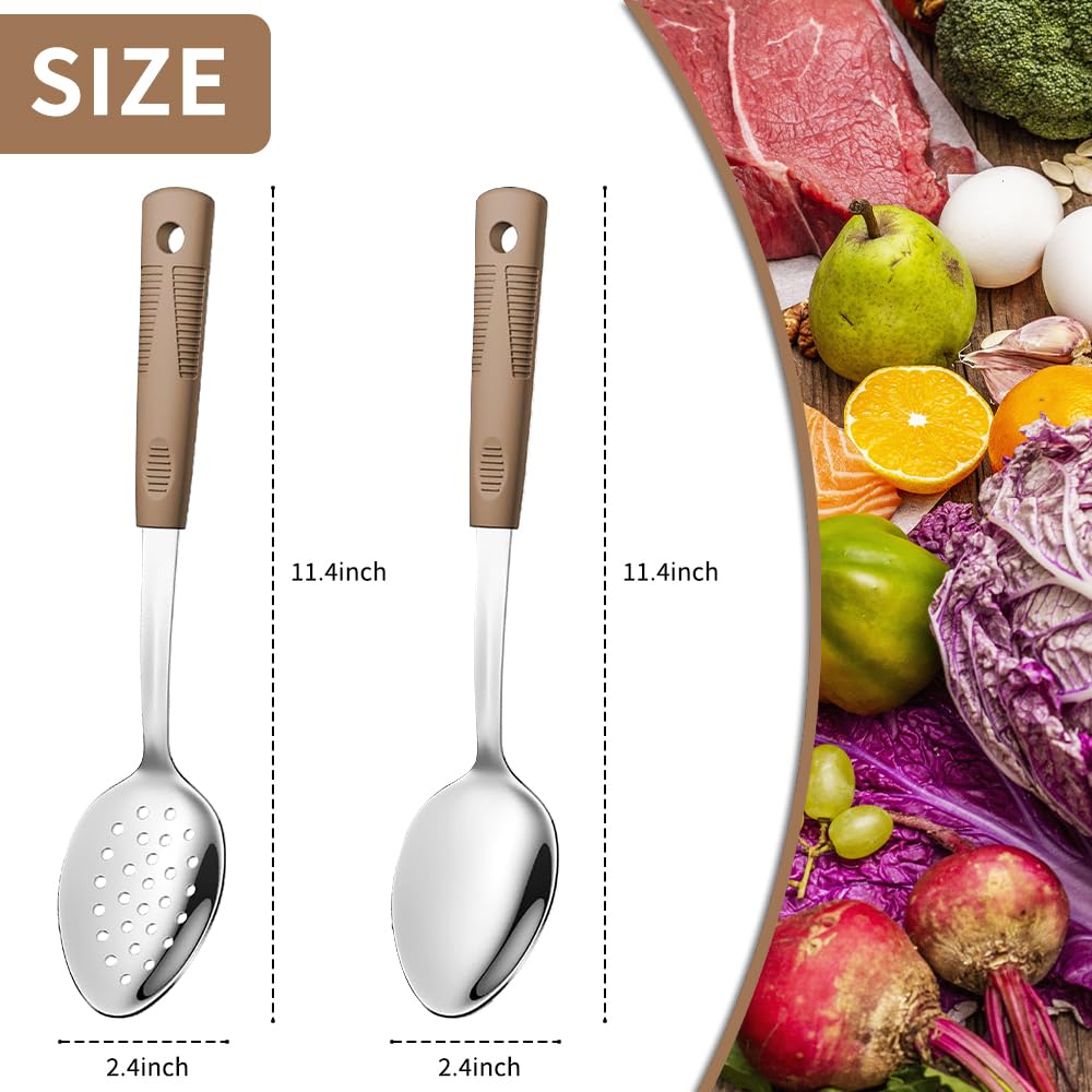 JULIPRO stainless steel slotted spoon in brown for draining liquids quickly.