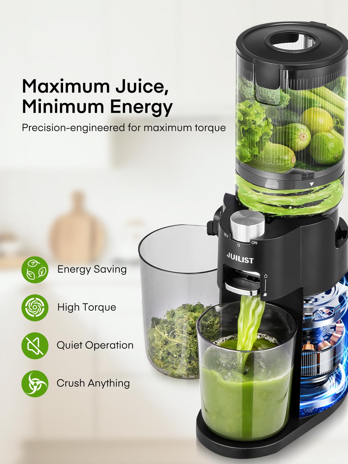 Julist anti-splash outlet keeps countertops cleaner during juicing.