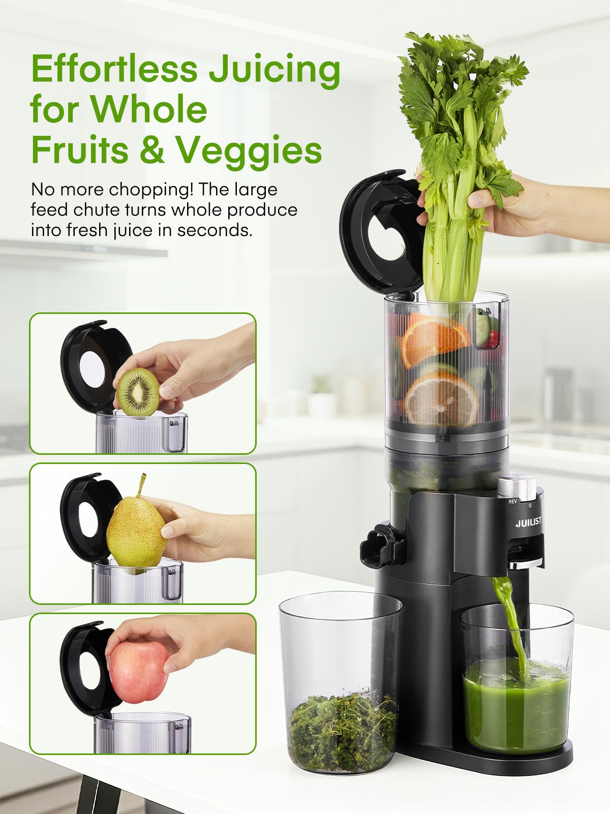 Julist cold press juicer lock ring enables tool-free setup.