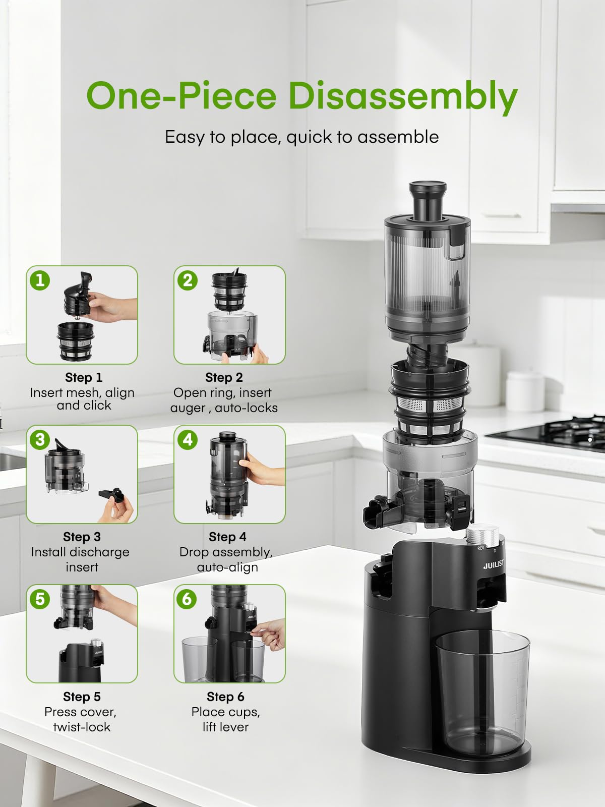 Julist cold press juicer pulp-juice cups stacked for neat storage.