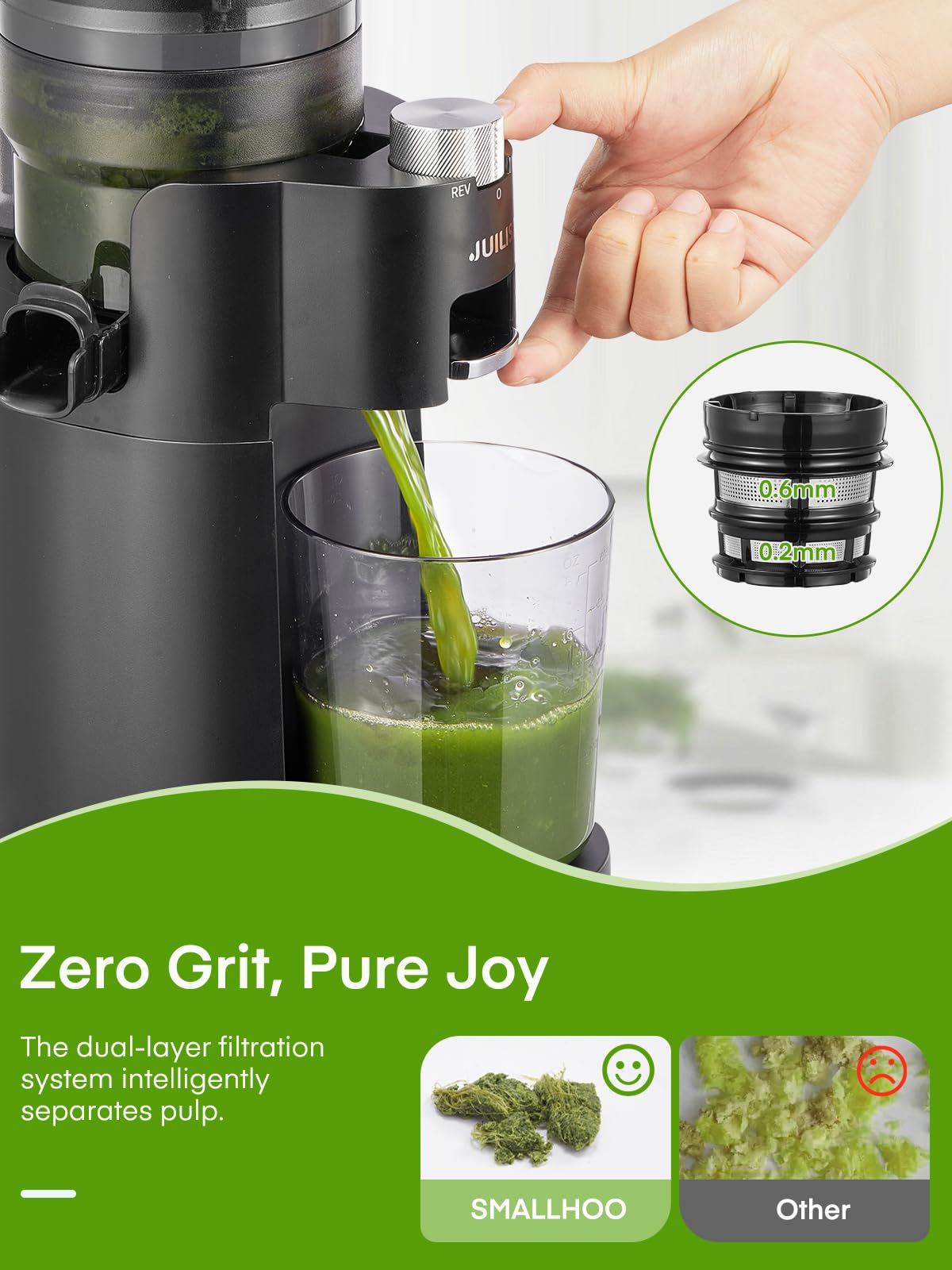 Julist cold press juicer top view reveals sleek controls.