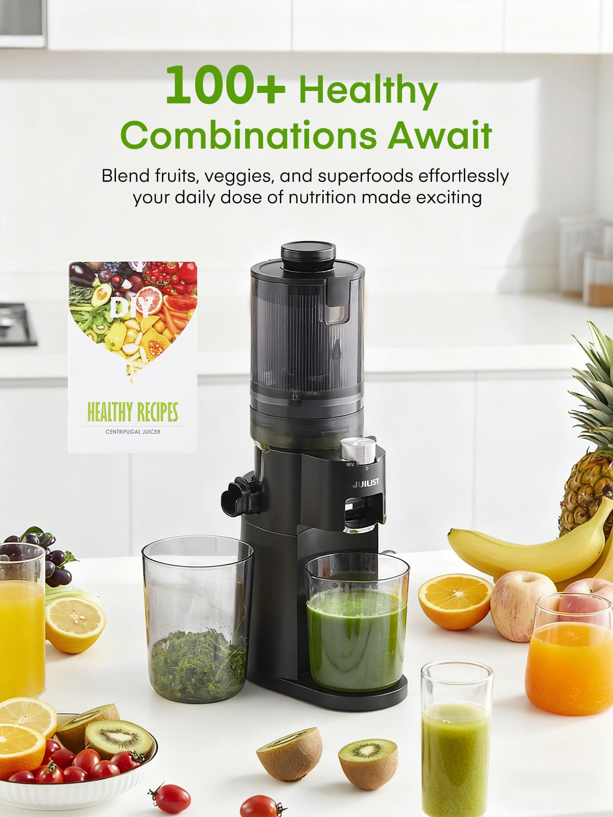 Julist juicer cleaning brush included for quick cleanup.