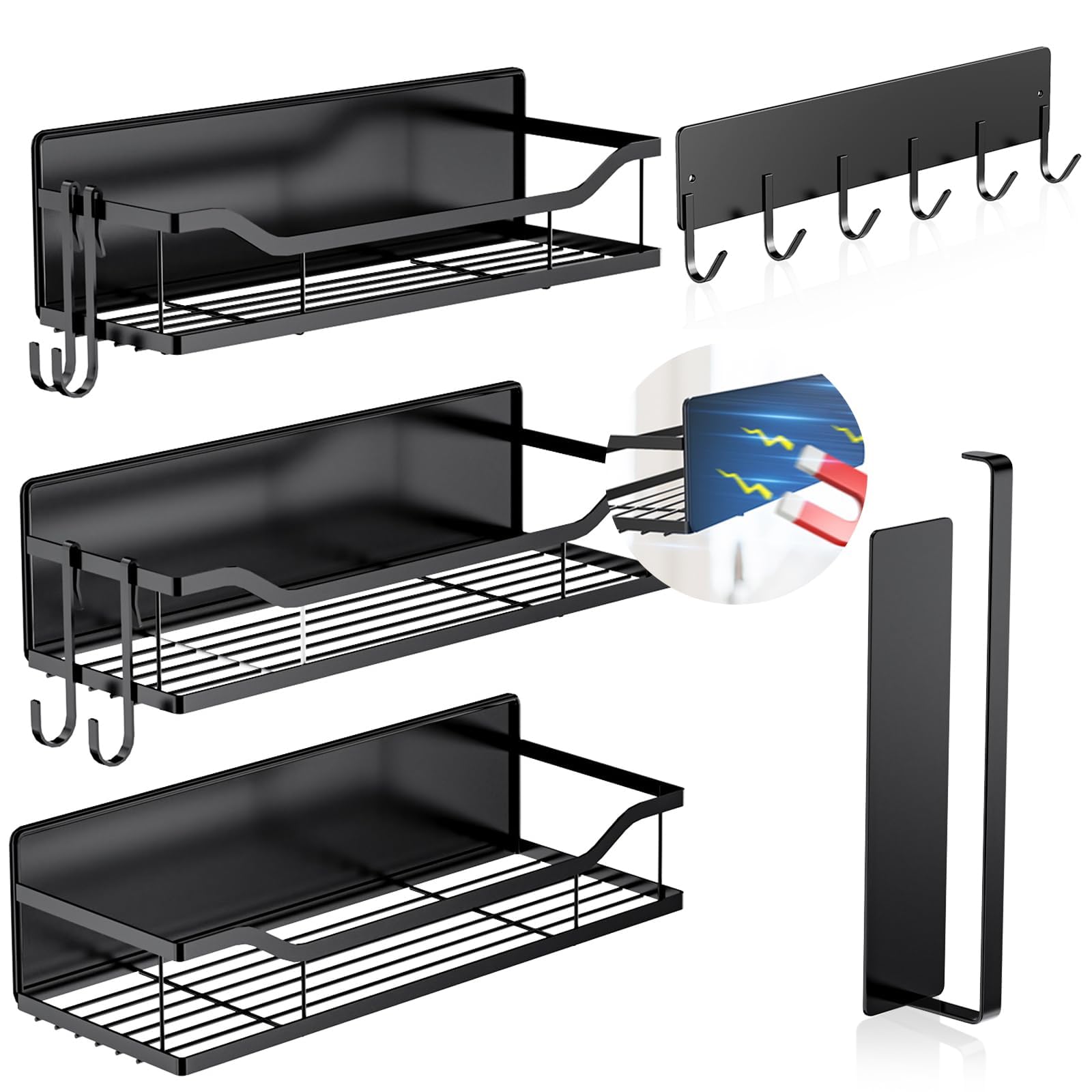 JulktLli magnetic shelves on fridge side organize spices and condiments neatly.