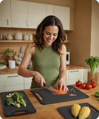 July Home cutting boards with drip grooves simplify serving juicy foods.