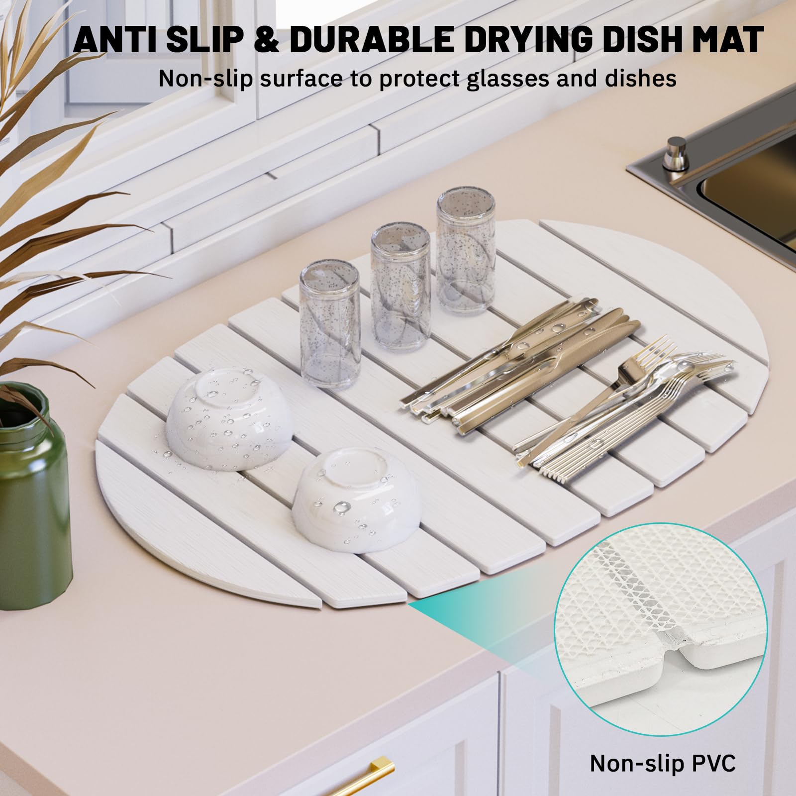 Julysky drying mat in use with cups and bottles on counter