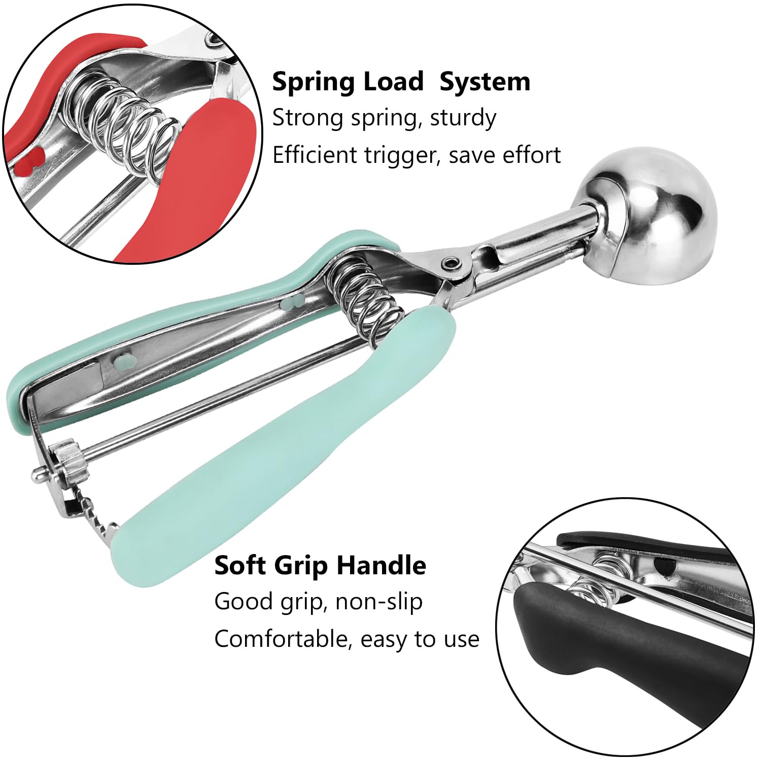 Stainless steel JUNADAEL J scoop with rubber grip handle for comfortable use.