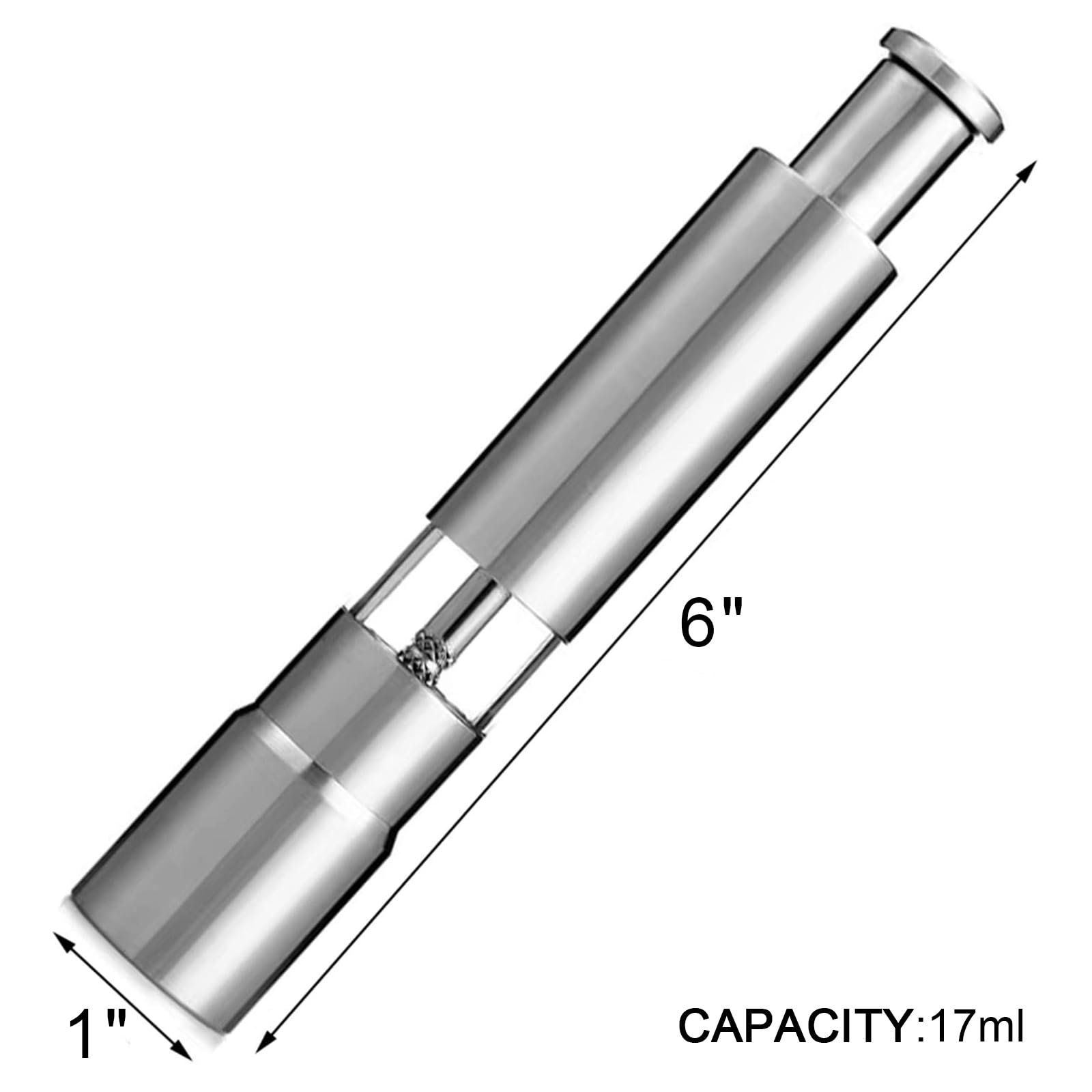 Jung Ford salt and pepper grinder with clear acrylic panel showing remaining spice