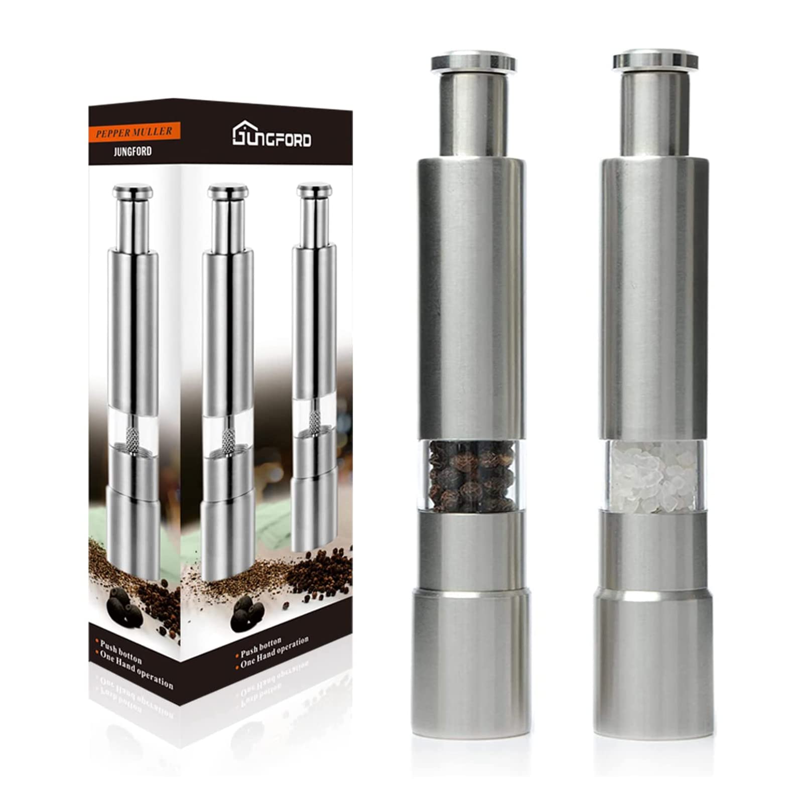 Jung Ford salt and pepper grinder set with one-hand thumb button for easy seasoning