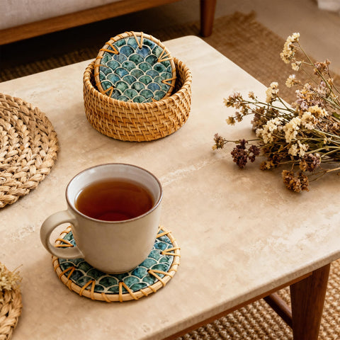 Jungle Culture cascade coasters close-up with pearl inlays enhance table decor.