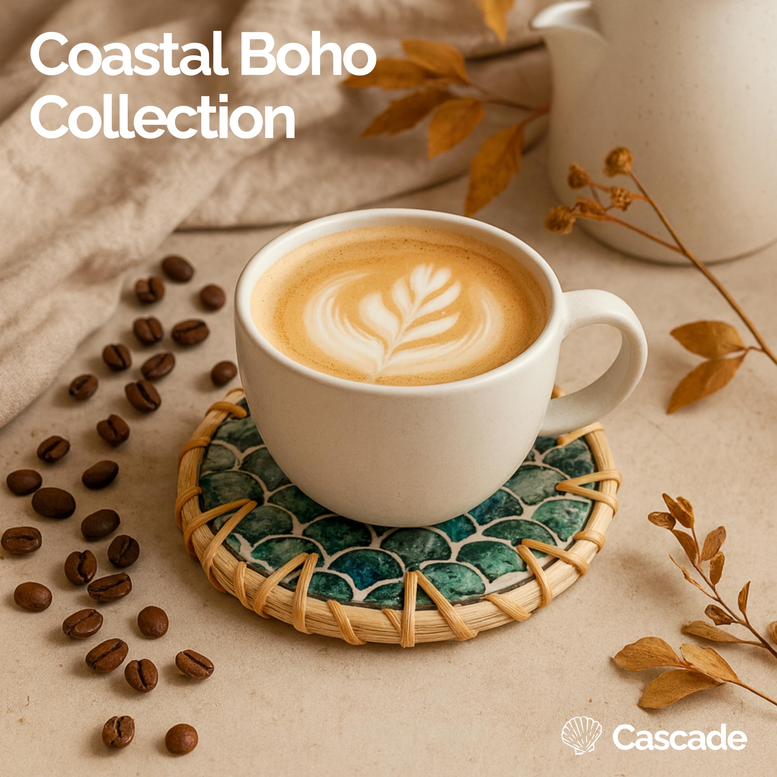 Jungle Culture cascade coasters with holder protect surfaces with ocean-inspired elegance.