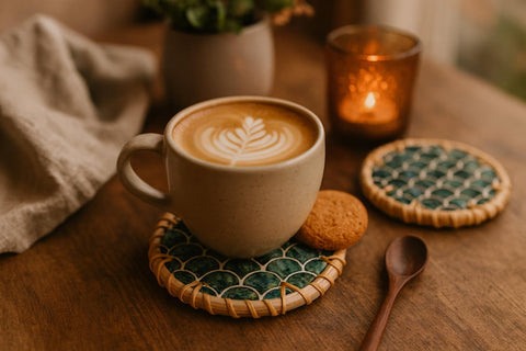 Jungle Culture drift coasters close-up highlights pearl inlays for coastal ambience.