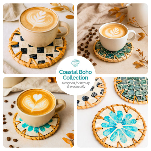 Jungle Culture drift coasters with holder safeguard surfaces during drinks.