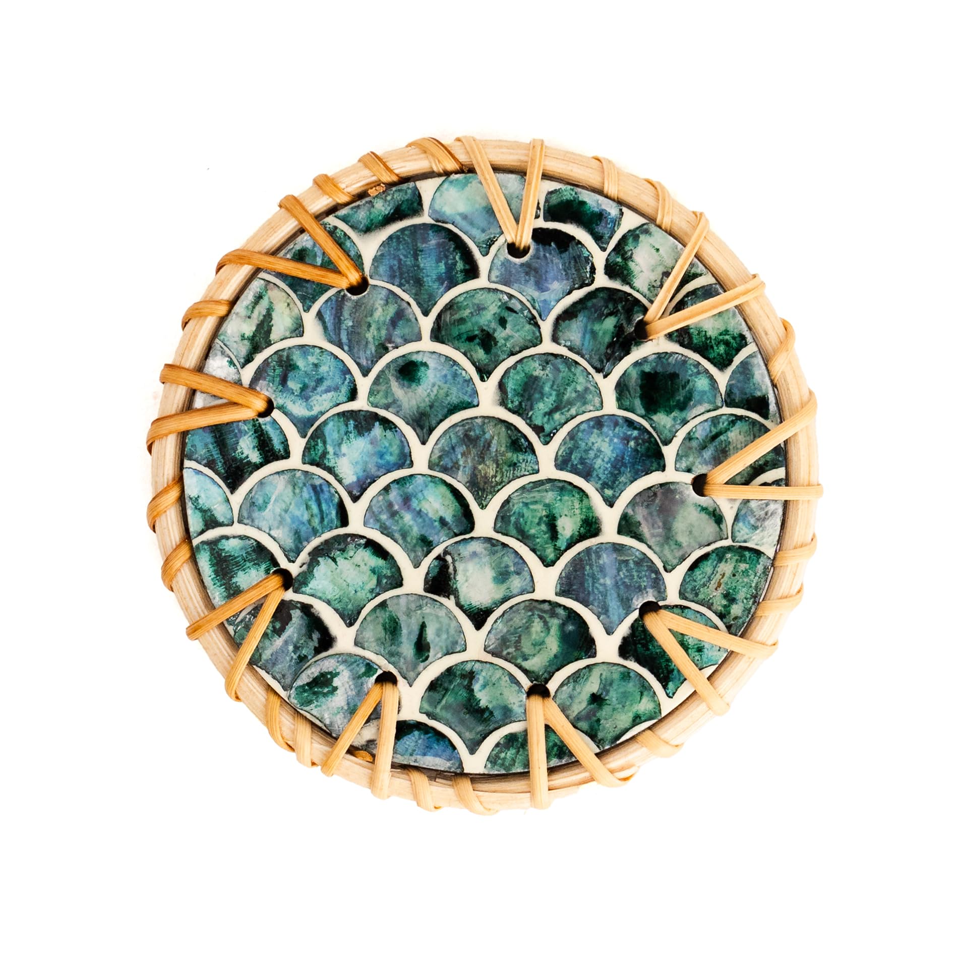 Jungle Culture ripple design coasters close-up showing pearl inlays for a luxe touch.