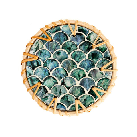 Jungle Culture ripple design coasters close-up showing pearl inlays for a luxe touch.