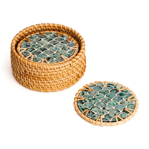 Jungle Culture ripple coasters with holder protect surfaces while adding coastal style.
