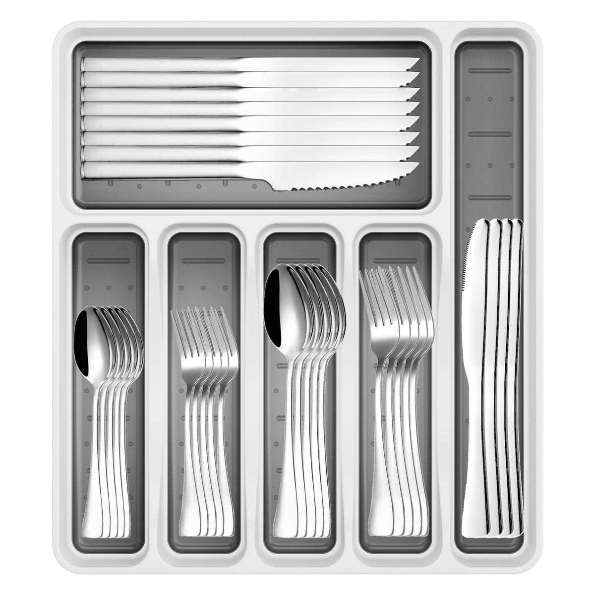 JUNLIN 49-piece silverware set with tray for eight, elegant organization.