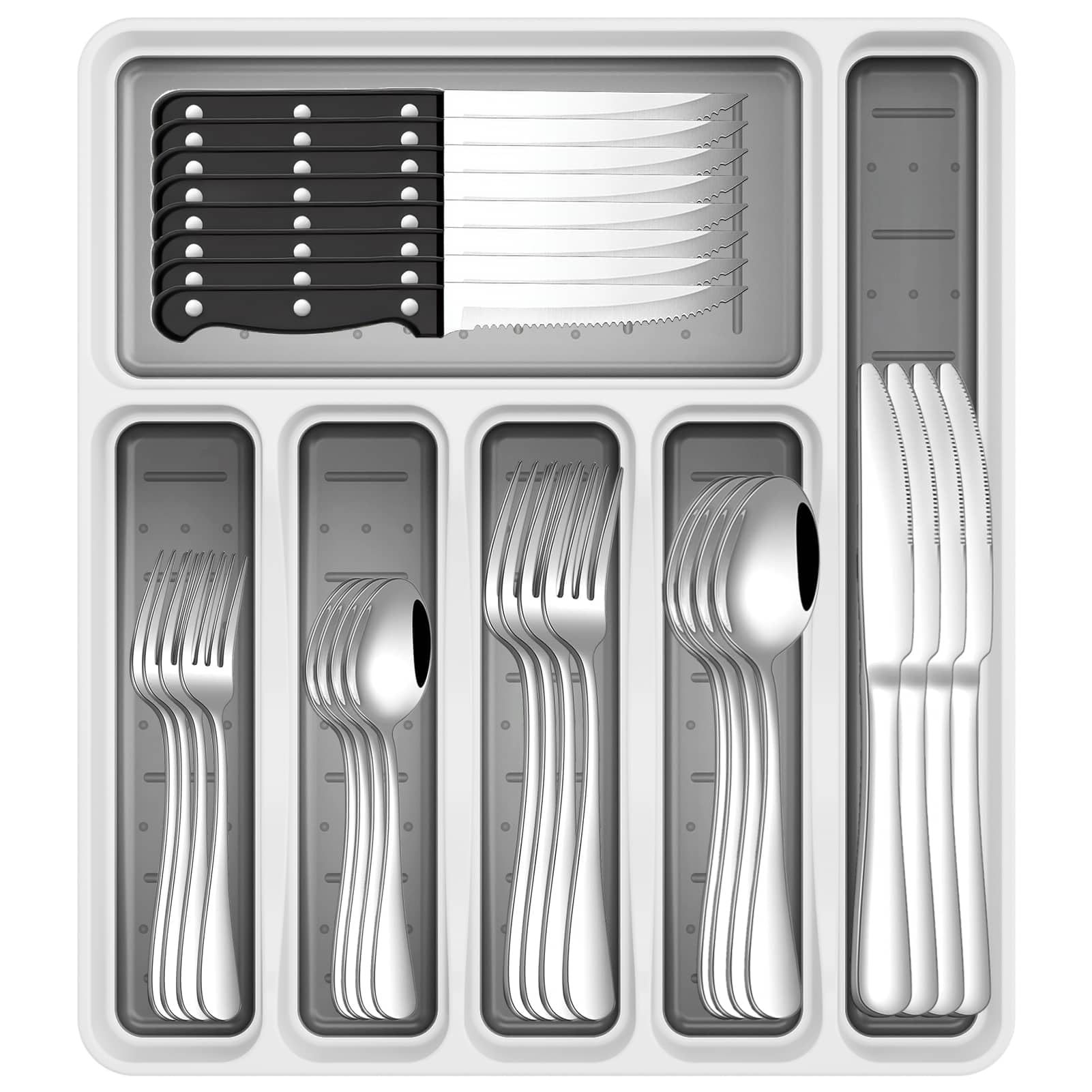 JUNLIN 49-piece silverware set with organizer in a tidy drawer