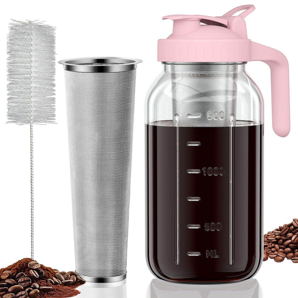 JunVpic cold brew pitcher full-jar view shows 64-ounce capacity for family-sized beverages.