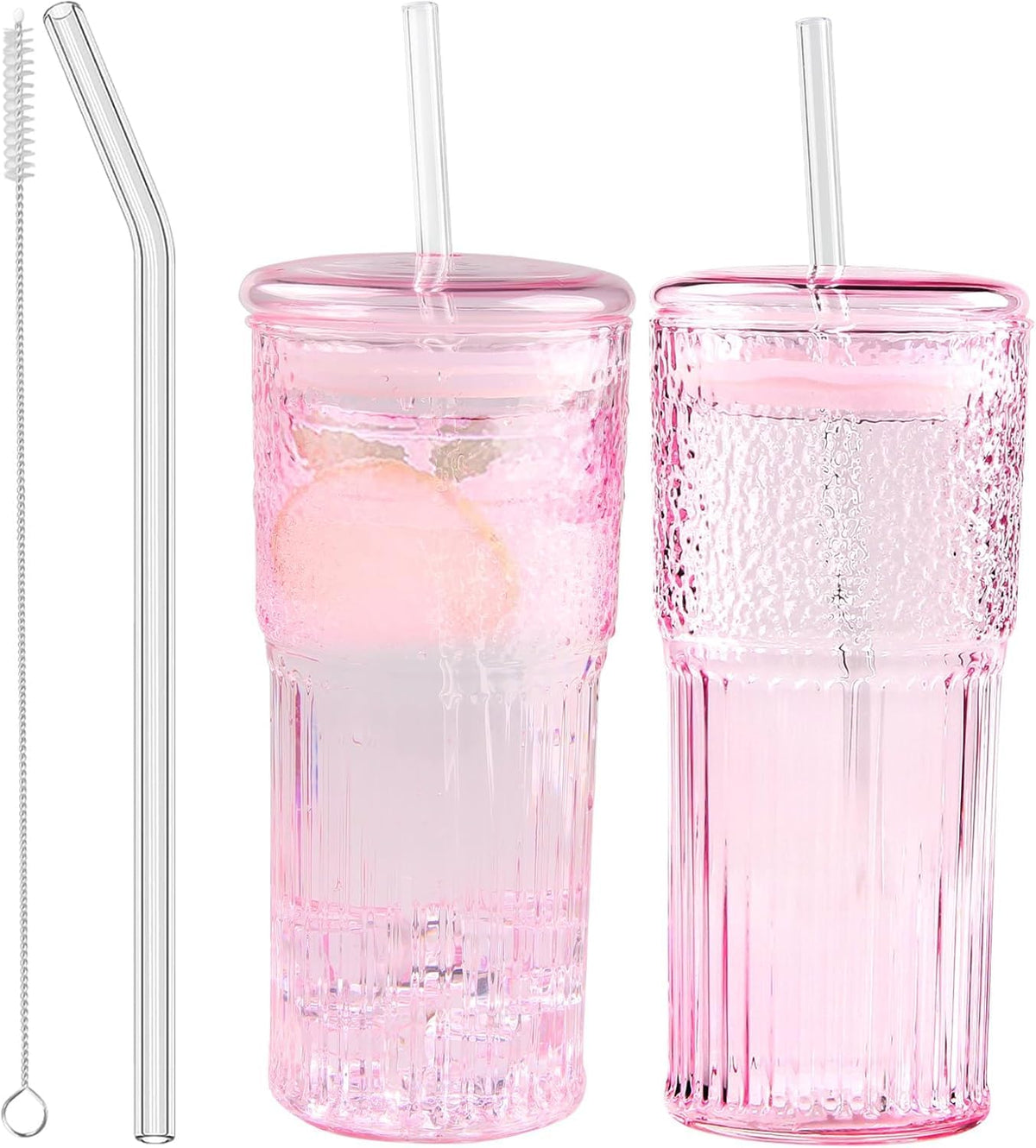 JunVpic 20oz pink embossed glass cups with lids and straw for spill-resistant iced drinks.
