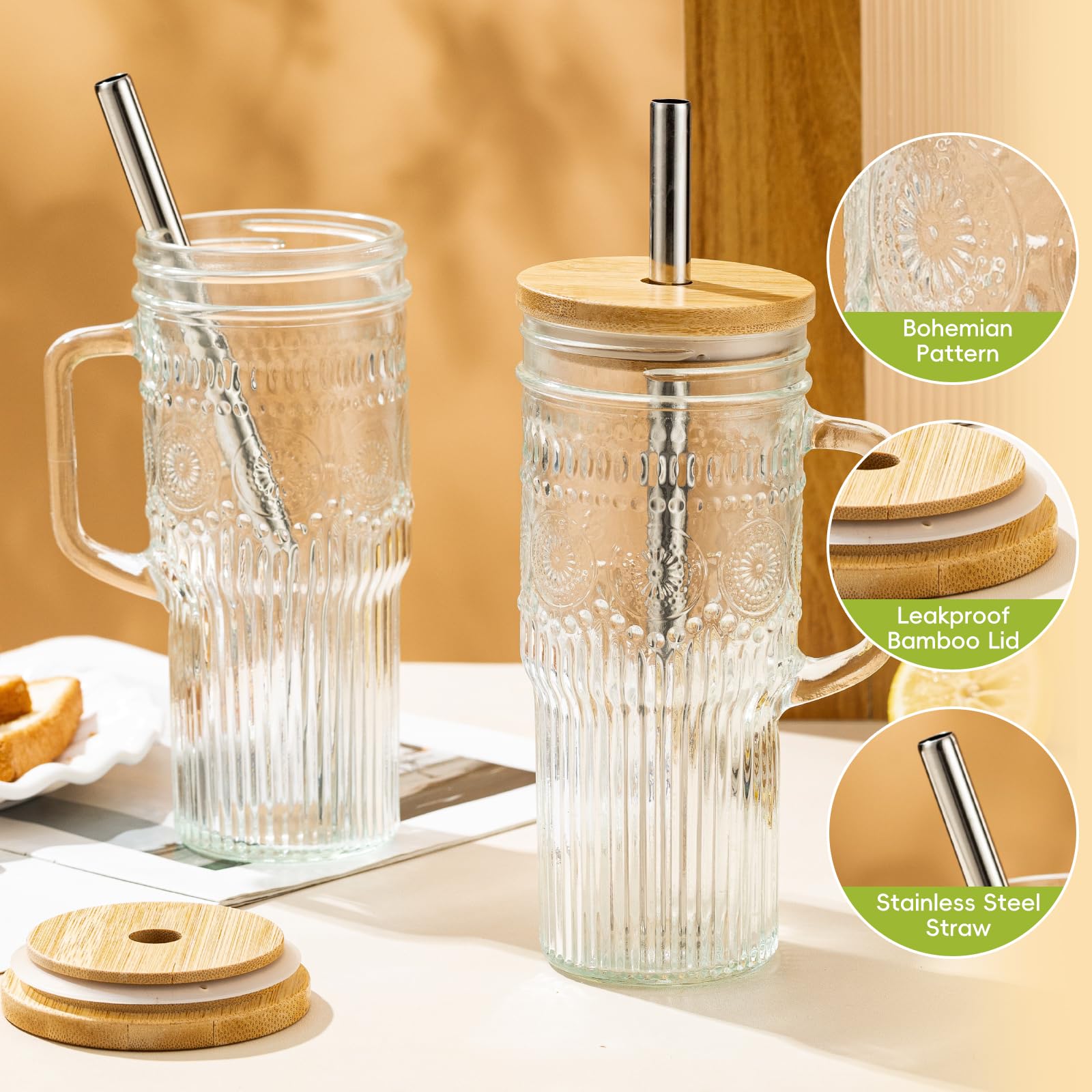 JunVpic glass tumbler with handle, ideal for coffee or smoothies.