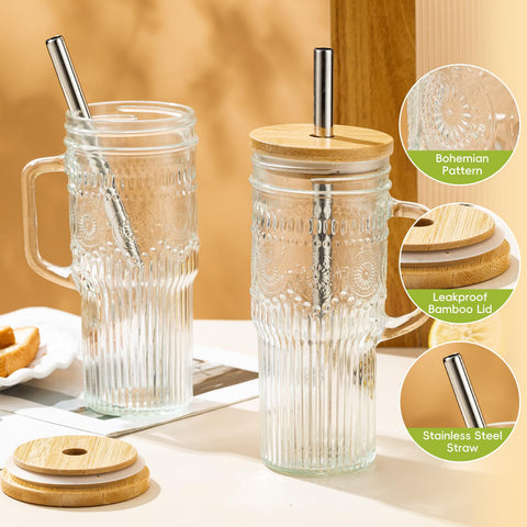 JunVpic glass tumbler with handle, ideal for coffee or smoothies.