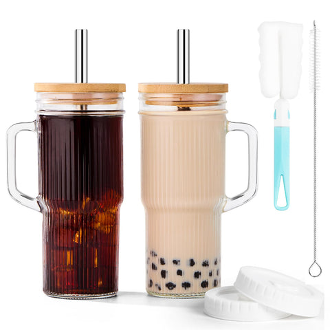 JunVpic ribbed 22oz glass tumbler with handle for easy, secure sipping.