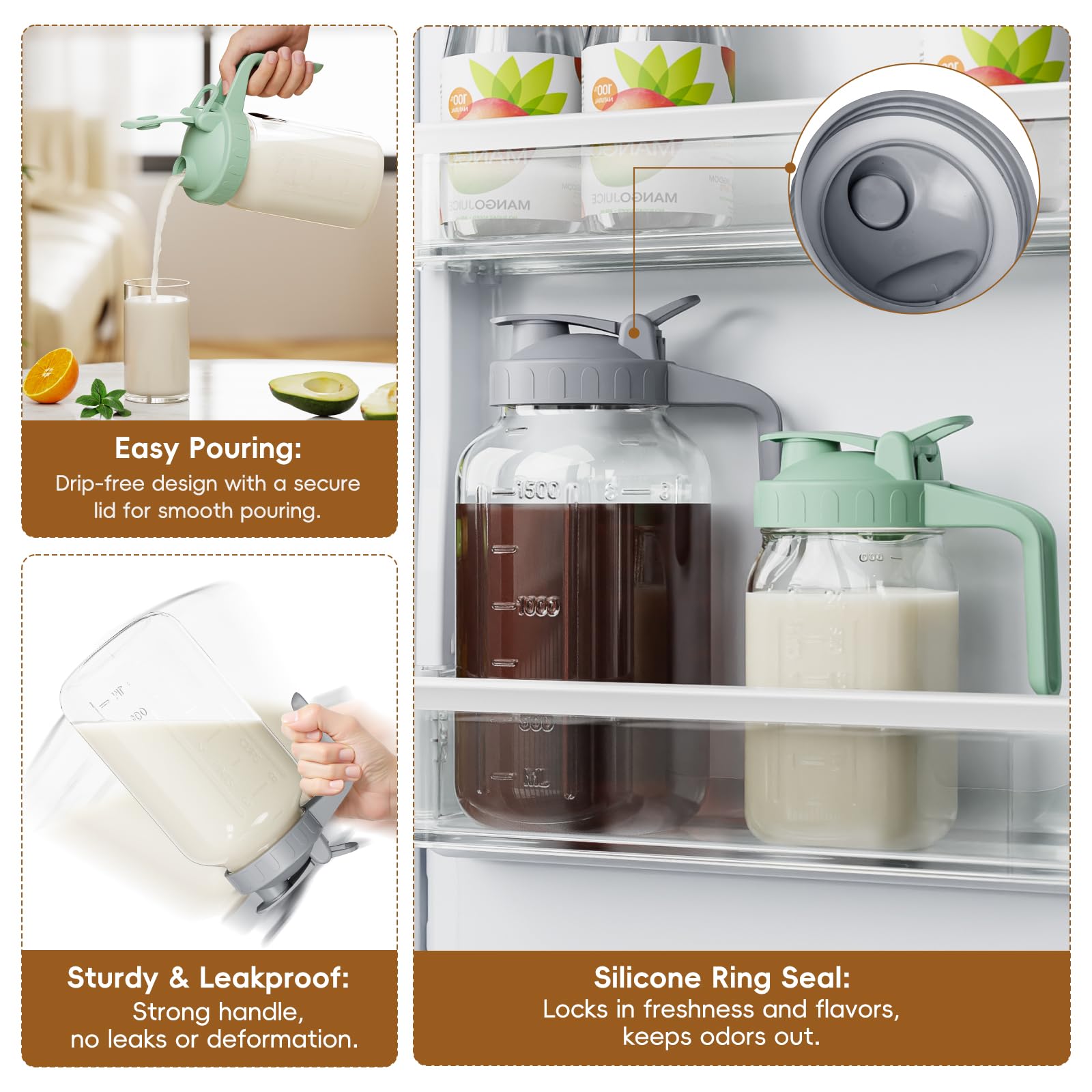 JunVpic sealed spout lid preserves freshness and blocks fridge odors.