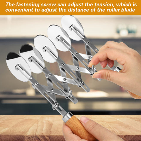 Juome adjustable-width cutter demonstrates diverse cutting options for pastry sheets.