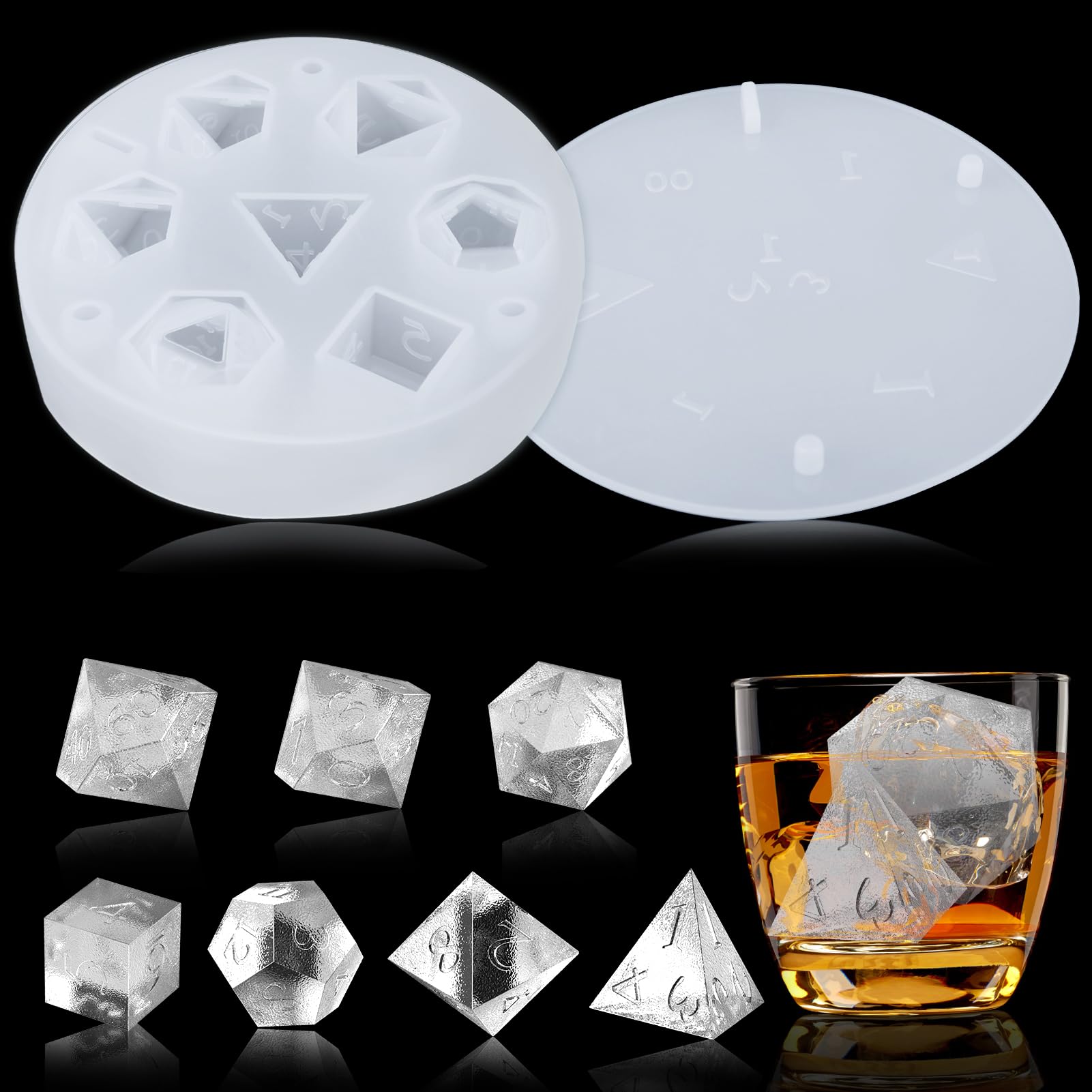 Juome dice-shaped ice cube mold with seven cavities for whisky and game nights.