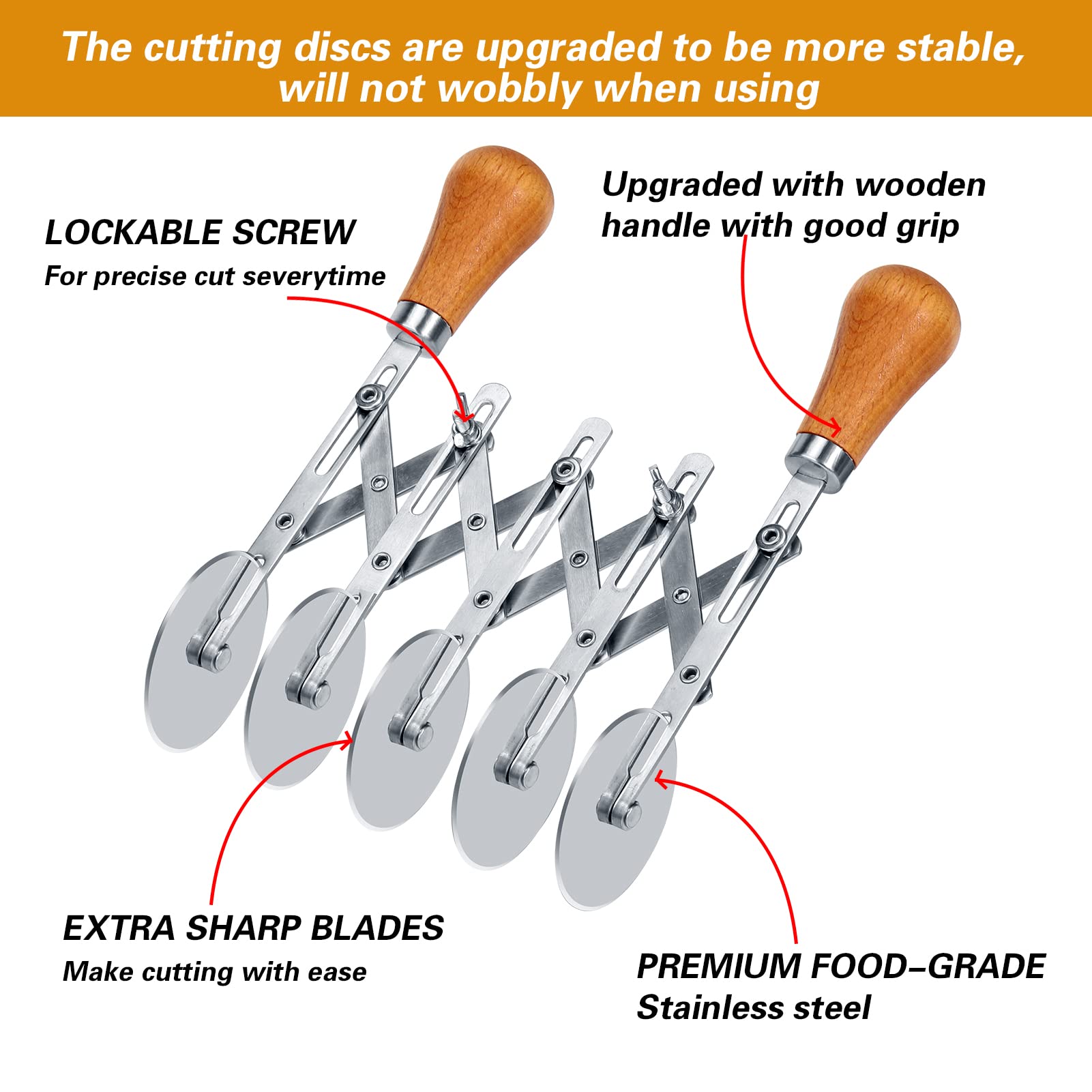 Juome pastry cutter with wooden handle, side view for comfortable grip.