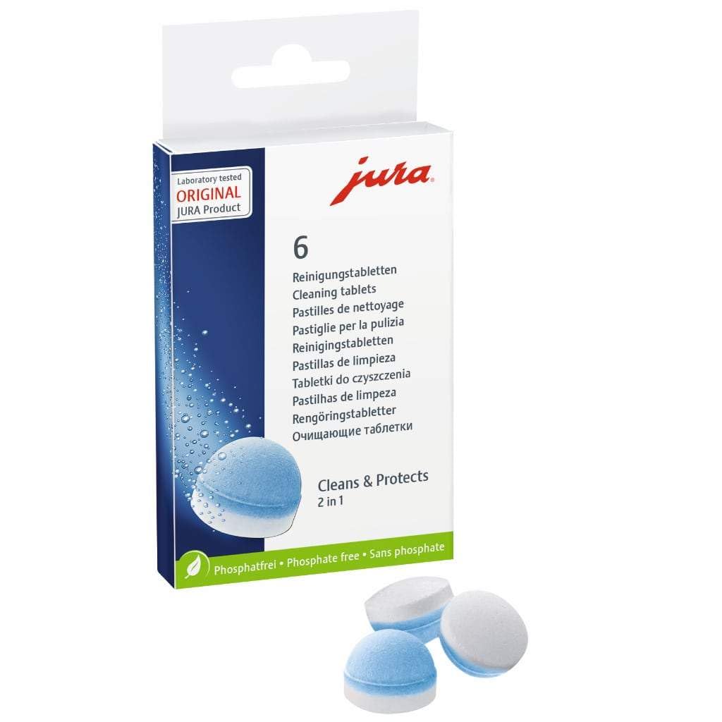 JURA 2-phase cleaning tablets pack shot; keeps coffee machine hygienic and ready for use.