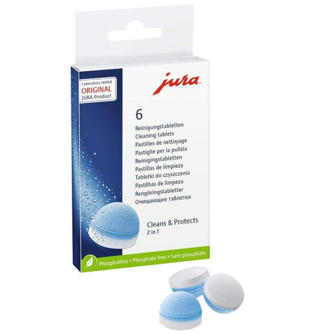 JURA 2-phase cleaning tablets pack shot; keeps coffee machine hygienic and ready for use.