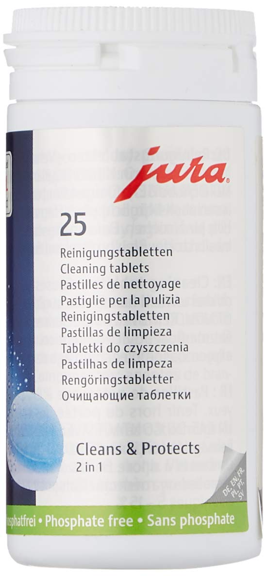 JURA 2-phase cleaning tablets for automatic coffee machines help maintain cleanliness and performance.