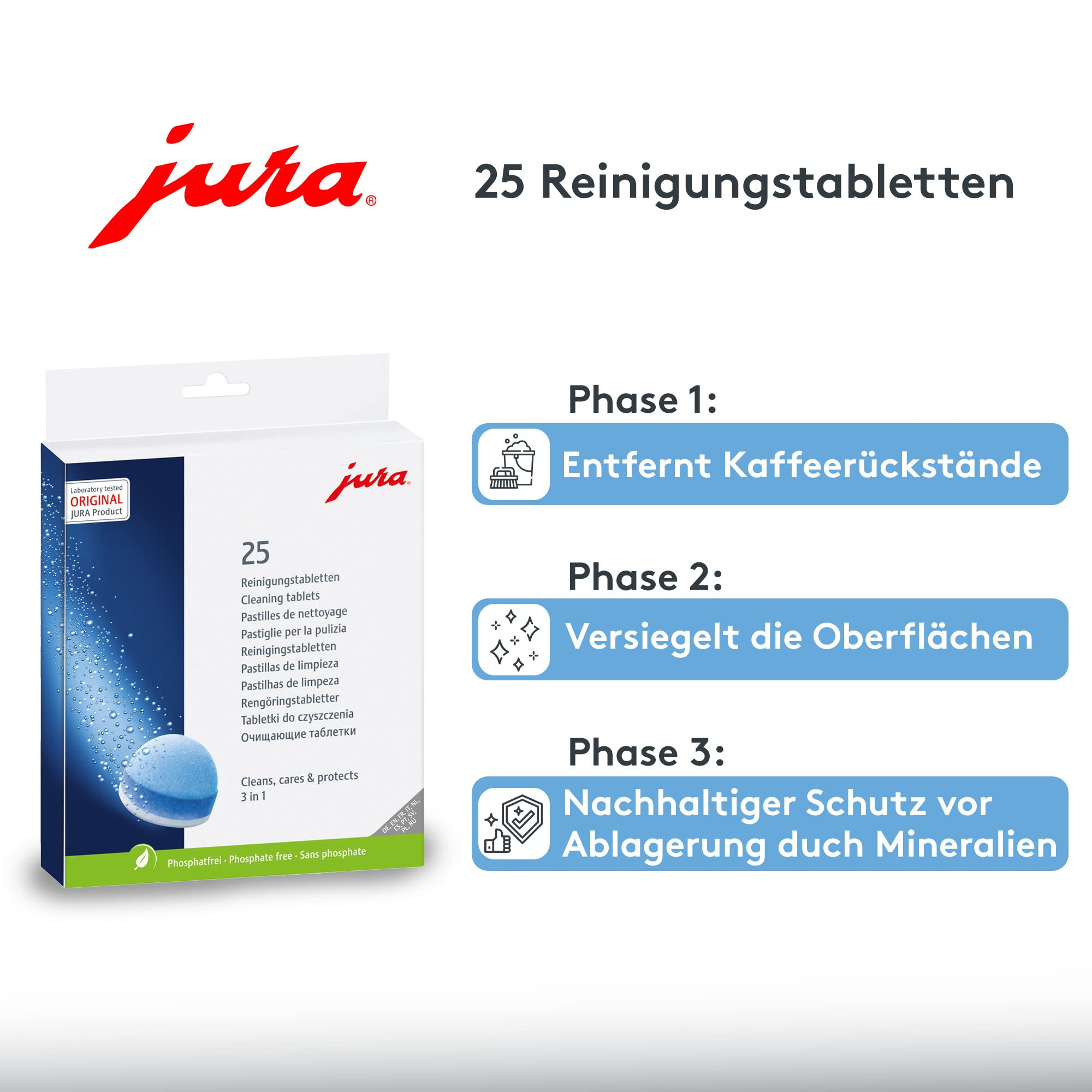 Jura 3-phase cleaning tablets dissolving in hot water to start the cleaning cycle