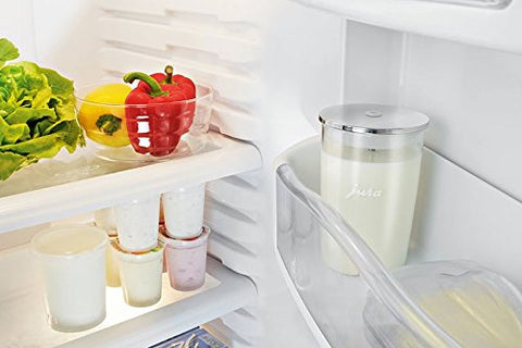 Jura 72570 clear glass container paired with coffee cup for cafe-style beverages